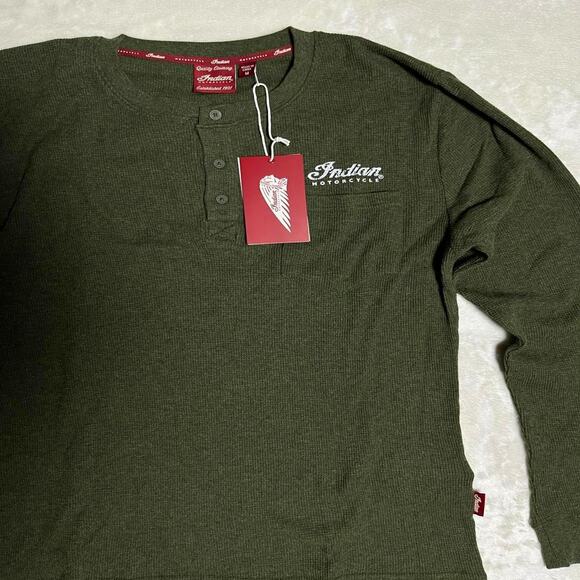 NWT Indian Motorcycle Waffle Thermal Shirt Men's M Graphic Dark Army Green Biker - Picture 2 of 8